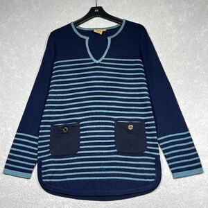 Tory Burch Knit Tunic Sweater Size Large Wool Cashmere Blend Navy Blue Striped
